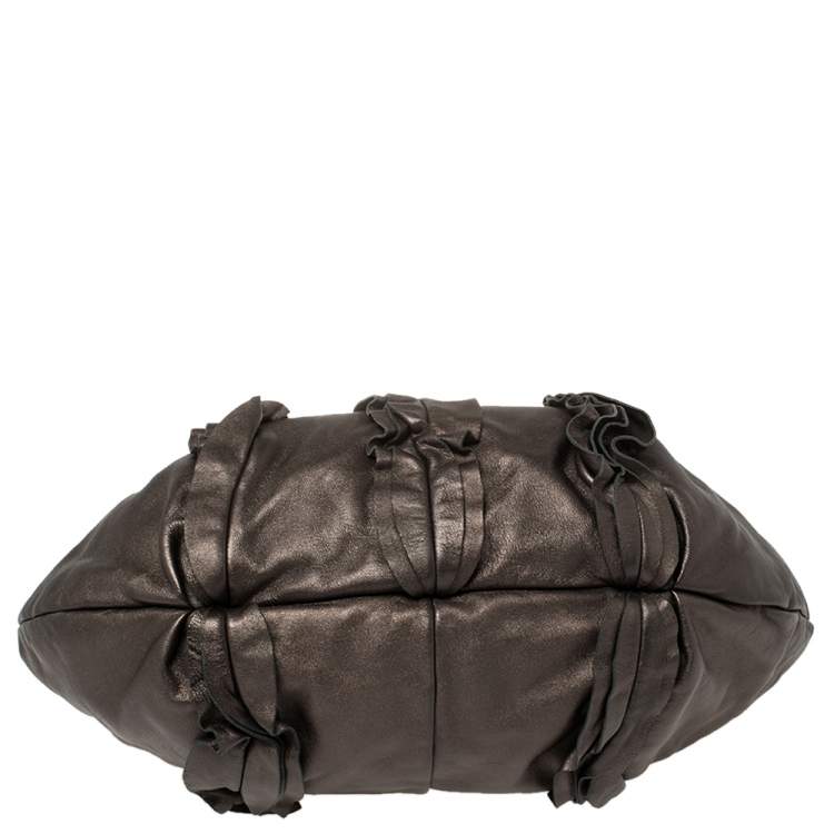 Pre Owned Prada Metallic Bronze Leather Ruffle Hobo Bag