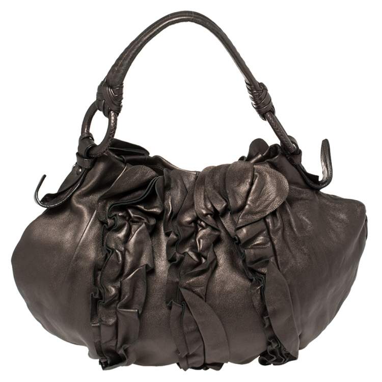 Pre Owned Prada Metallic Bronze Leather Ruffle Hobo Bag