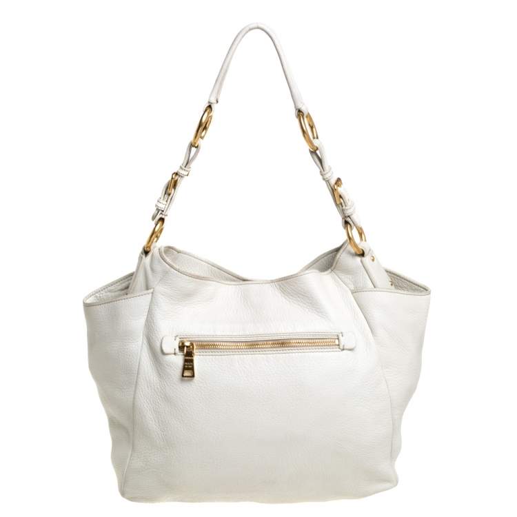 مملوكة مسبقًا Prada White Vitello Daino Leather Front Zip Hobo
