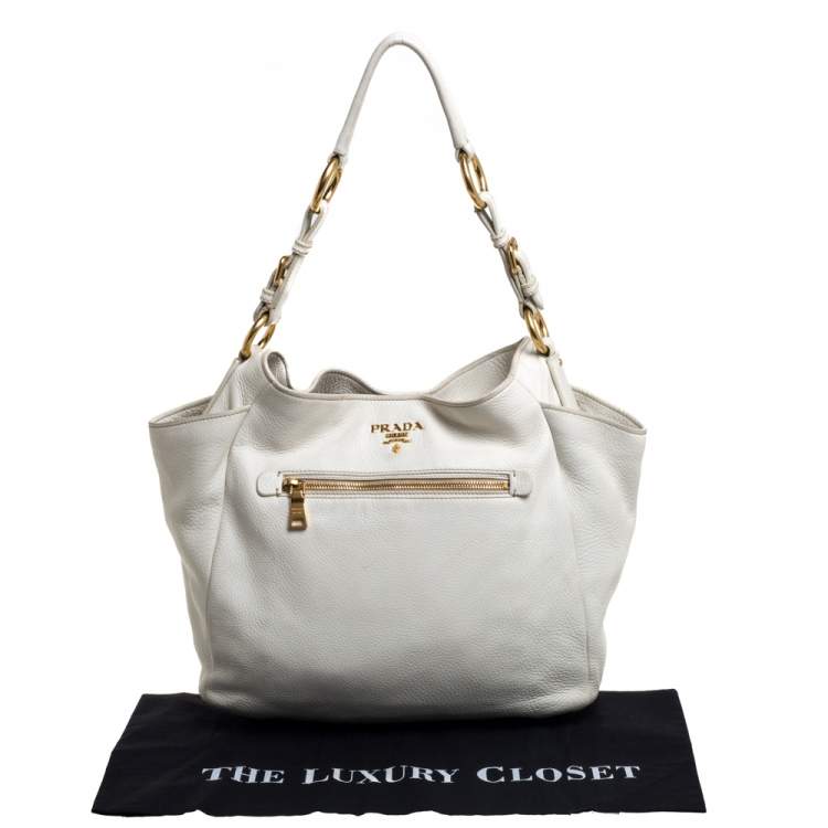 مملوكة مسبقًا Prada White Vitello Daino Leather Front Zip Hobo