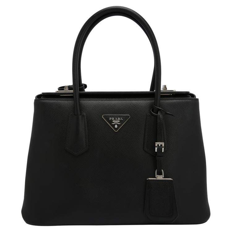 Pre Owned Prada Black Leather Saffiano Galleria Double Flap Tote Bag