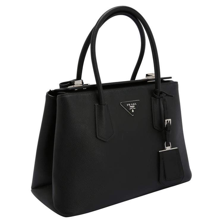 Pre Owned Prada Black Leather Saffiano Galleria Double Flap Tote Bag
