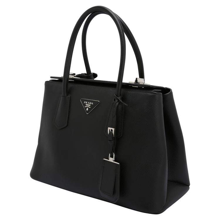 Pre Owned Prada Black Leather Saffiano Galleria Double Flap Tote Bag