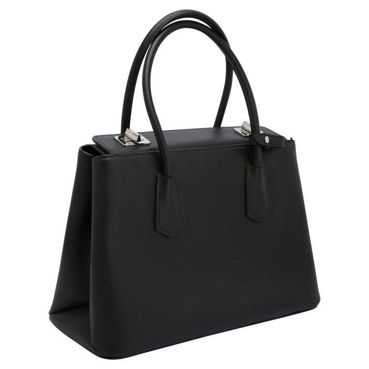 Pre Owned Prada Black Leather Saffiano Galleria Double Flap Tote Bag