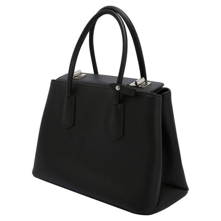 Pre Owned Prada Black Leather Saffiano Galleria Double Flap Tote Bag