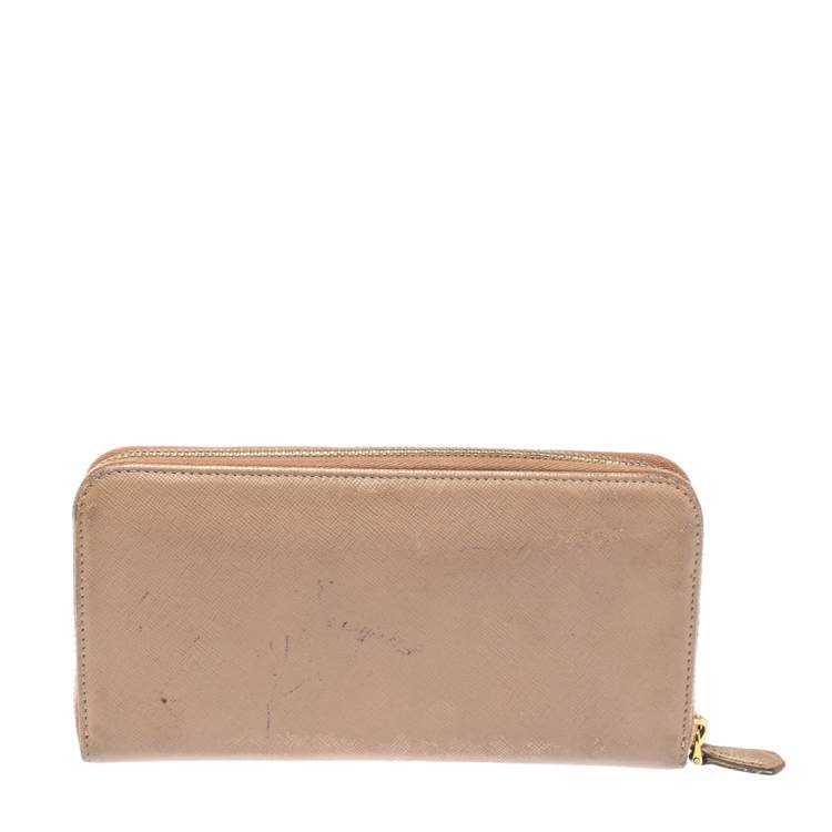 Pre Owned Prada Beige Saffiano Leather Bow Zip Around Wallet