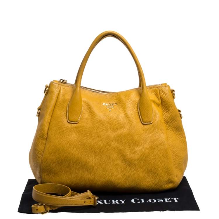 Pre Owned Prada Yellow Vitello Daino Leather Sacca 2 Manici Hobo