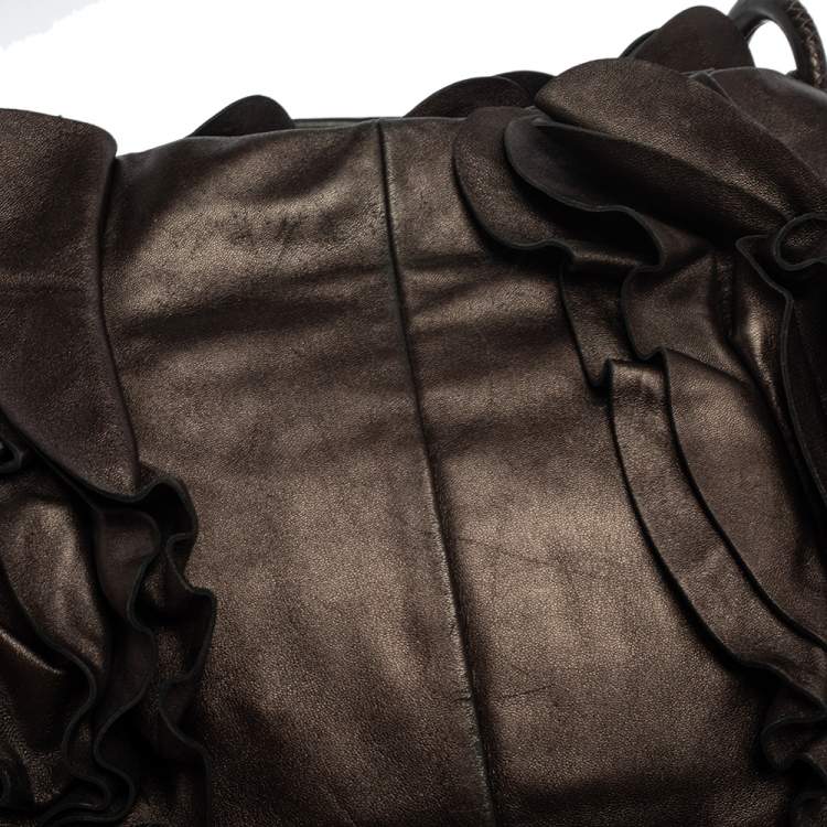 Pre Owned Prada Metallic Dark Brown Leather Ruffle Hobo