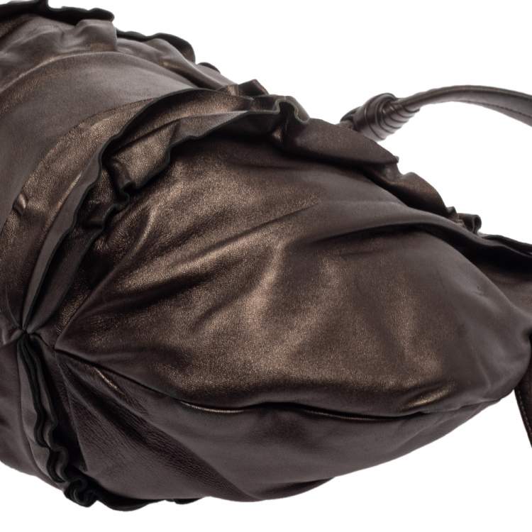 Pre Owned Prada Metallic Dark Brown Leather Ruffle Hobo
