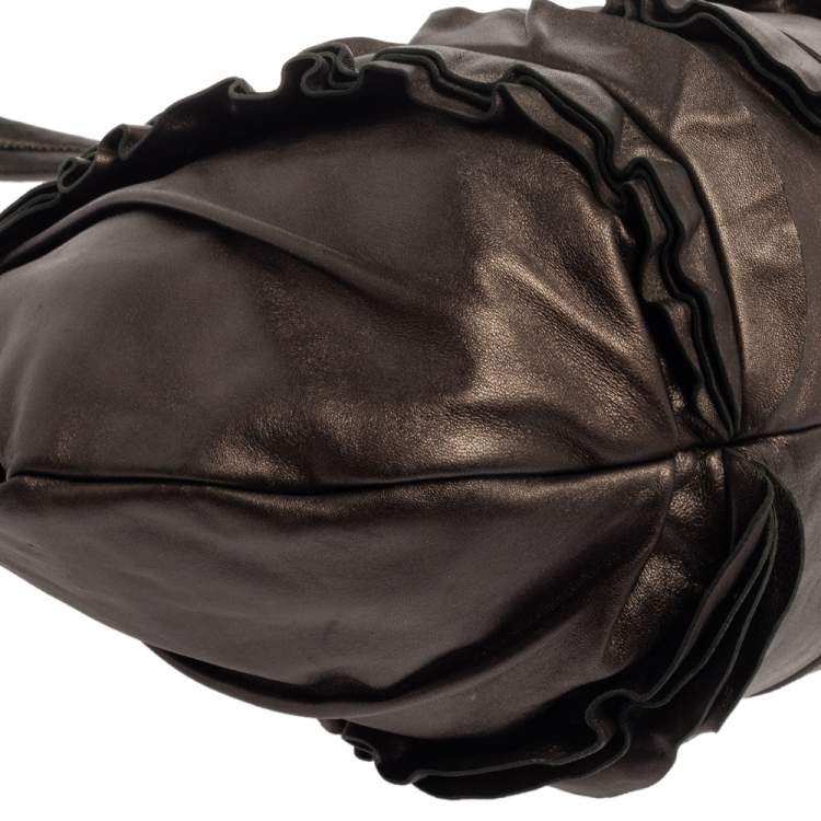 Pre Owned Prada Metallic Dark Brown Leather Ruffle Hobo