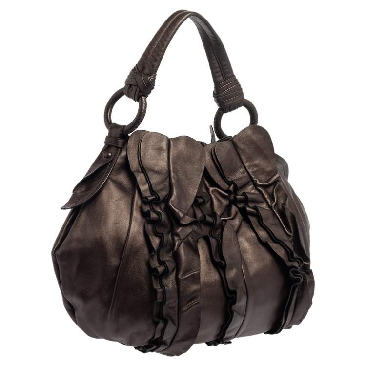 Pre Owned Prada Metallic Dark Brown Leather Ruffle Hobo