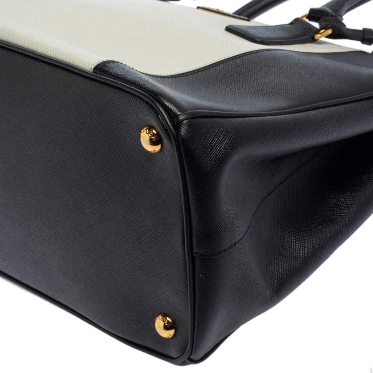 Pre Owned Prada Black/White Saffiano Lux Leather Medium Galleria Tote