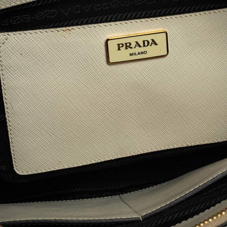 Pre Owned Prada Black/White Saffiano Lux Leather Medium Galleria Tote