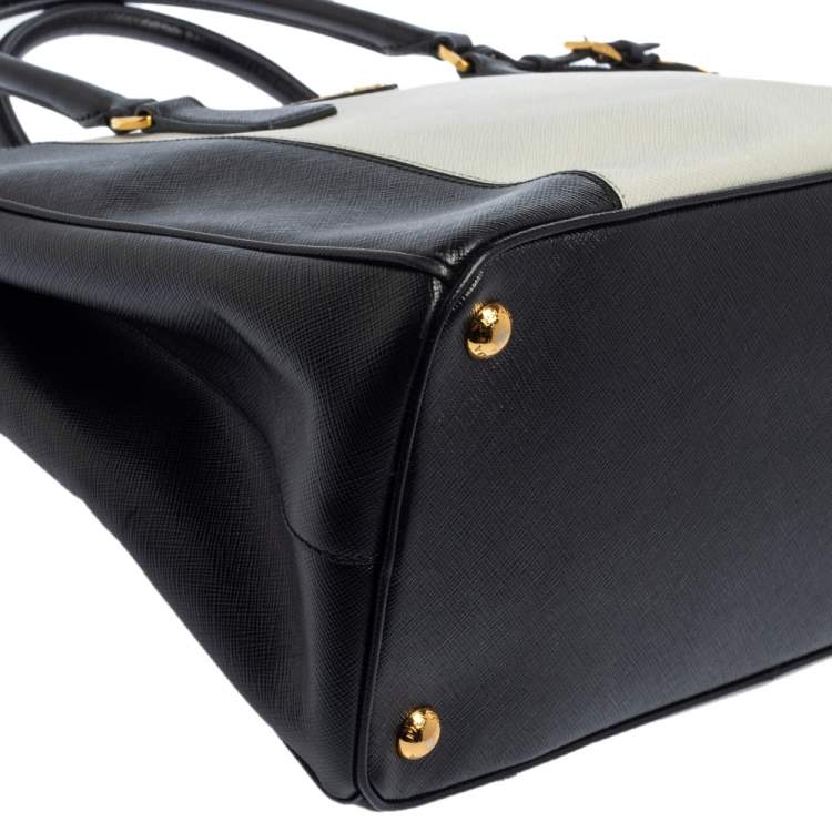 Pre Owned Prada Black/White Saffiano Lux Leather Medium Galleria Tote