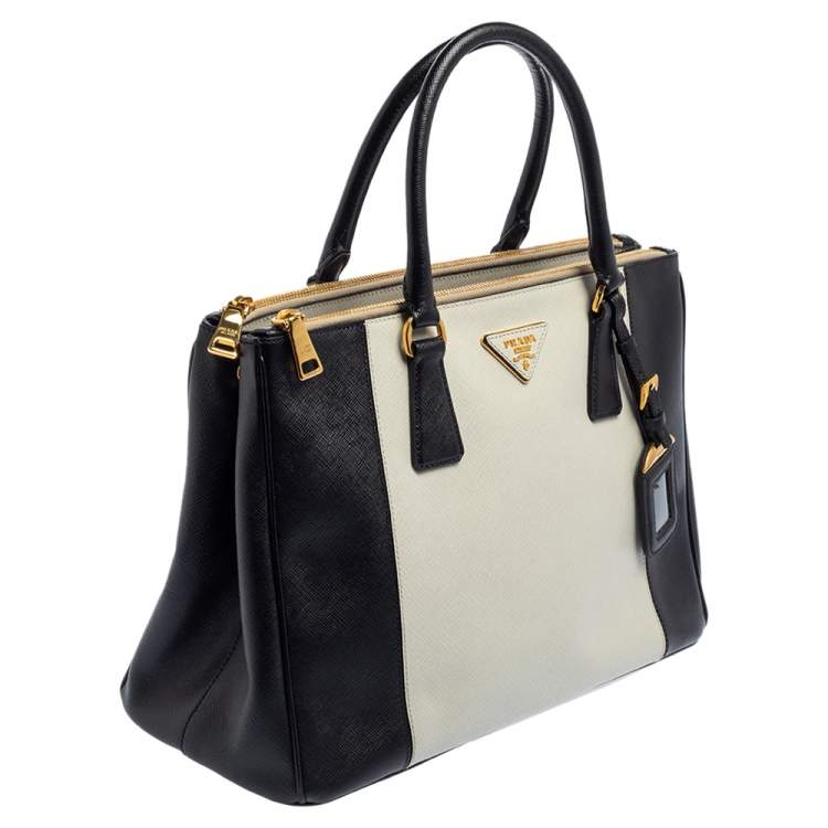 Pre Owned Prada Black/White Saffiano Lux Leather Medium Galleria Tote