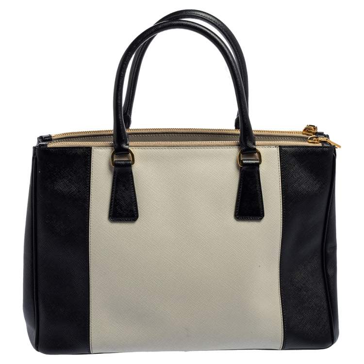 Pre Owned Prada Black/White Saffiano Lux Leather Medium Galleria Tote