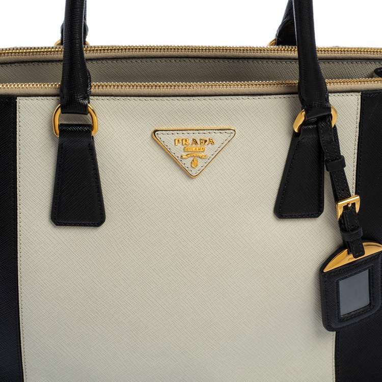 Pre Owned Prada Black/White Saffiano Lux Leather Medium Galleria Tote