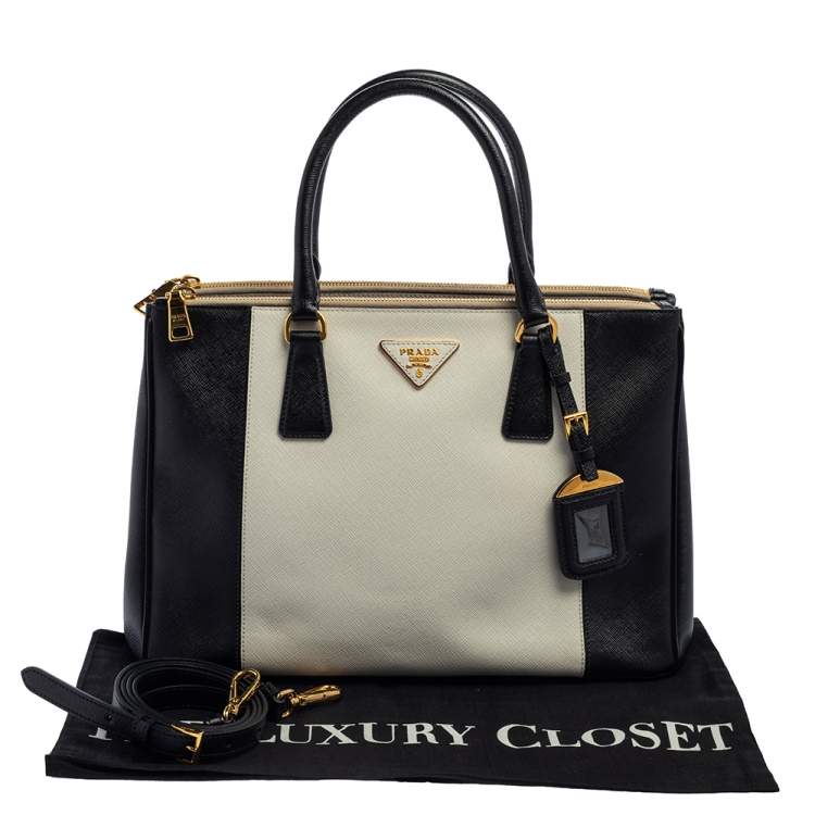 Pre Owned Prada Black/White Saffiano Lux Leather Medium Galleria Tote