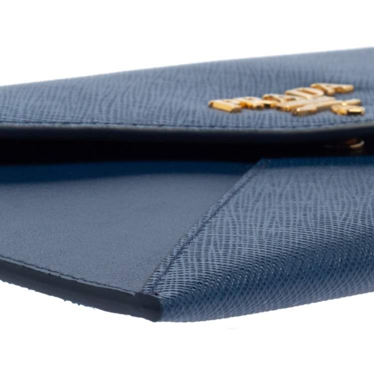 Pre Owned Prada Blue Saffiano Leather Envelope Wristlet Clutch 