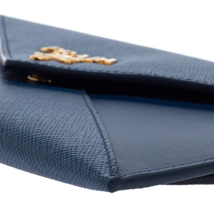 Pre Owned Prada Blue Saffiano Leather Envelope Wristlet Clutch 