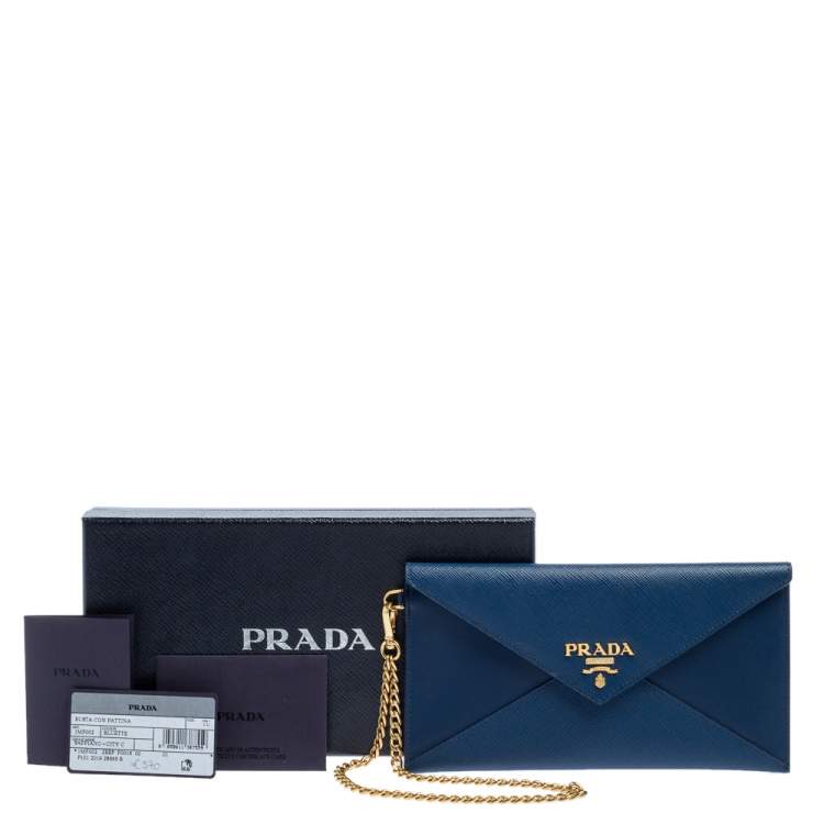 Pre Owned Prada Blue Saffiano Leather Envelope Wristlet Clutch 