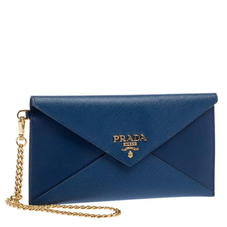 Pre Owned Prada Blue Saffiano Leather Envelope Wristlet Clutch 