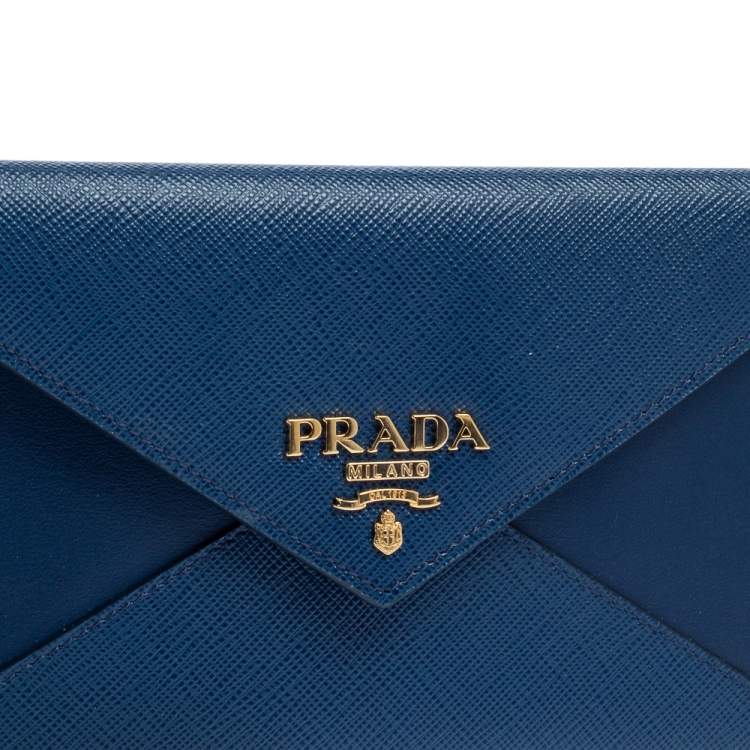 Pre Owned Prada Blue Saffiano Leather Envelope Wristlet Clutch 
