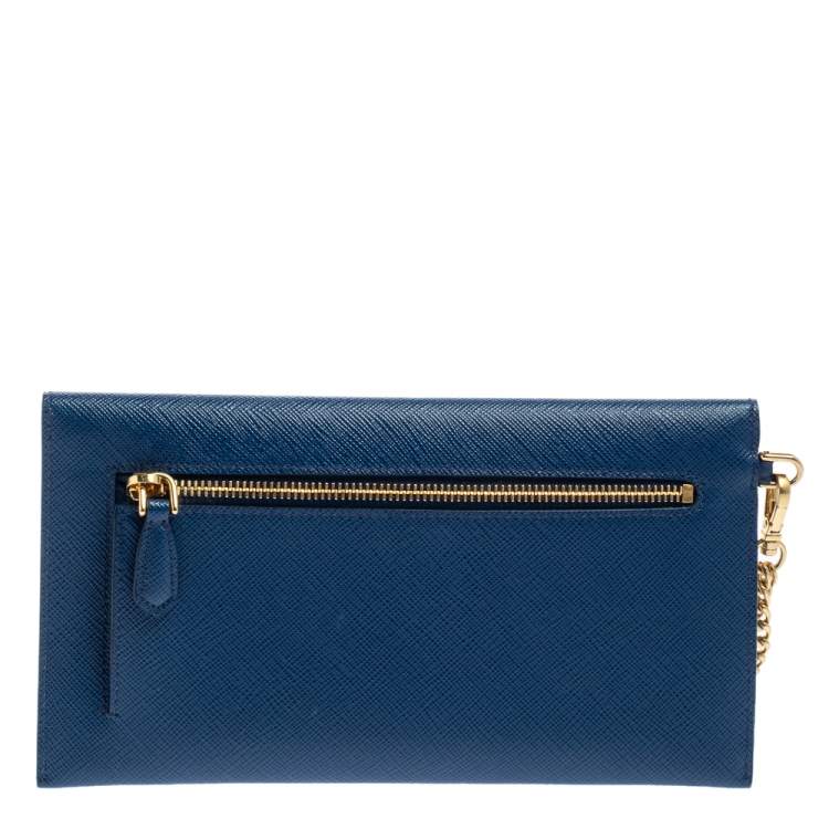 Pre Owned Prada Blue Saffiano Leather Envelope Wristlet Clutch 