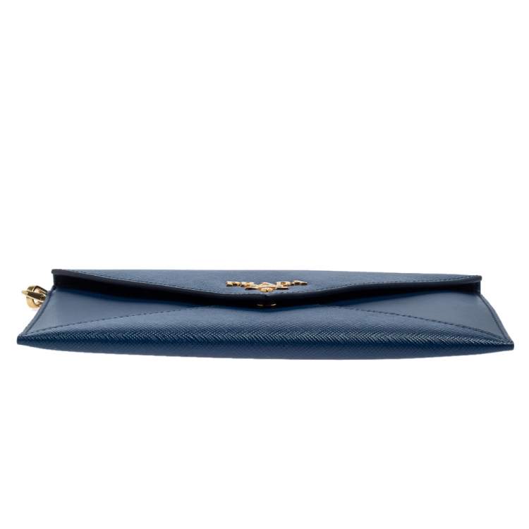 Pre Owned Prada Blue Saffiano Leather Envelope Wristlet Clutch 