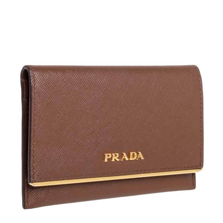 Pre Owned Prada Tan Saffiano Leather Flap Metal Card Holder