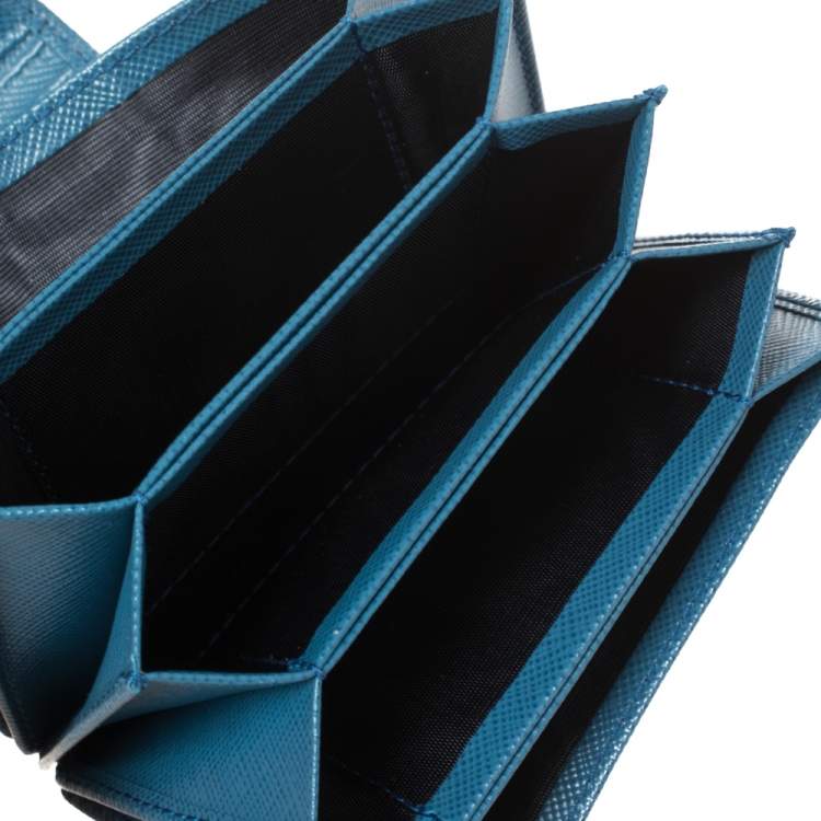 Pre Owned Prada Blue Saffiano Oro Leather Accordion Card Holder