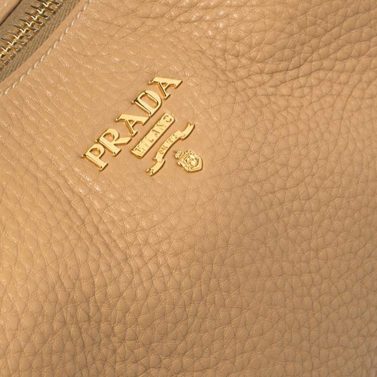 Pre Owned Prada Beige Vitello Daino Leather Zip Top Hobo
