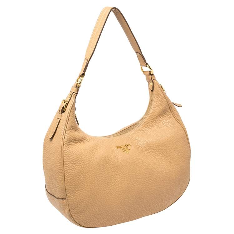 Pre Owned Prada Beige Vitello Daino Leather Zip Top Hobo