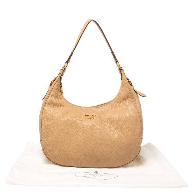 Pre Owned Prada Beige Vitello Daino Leather Zip Top Hobo