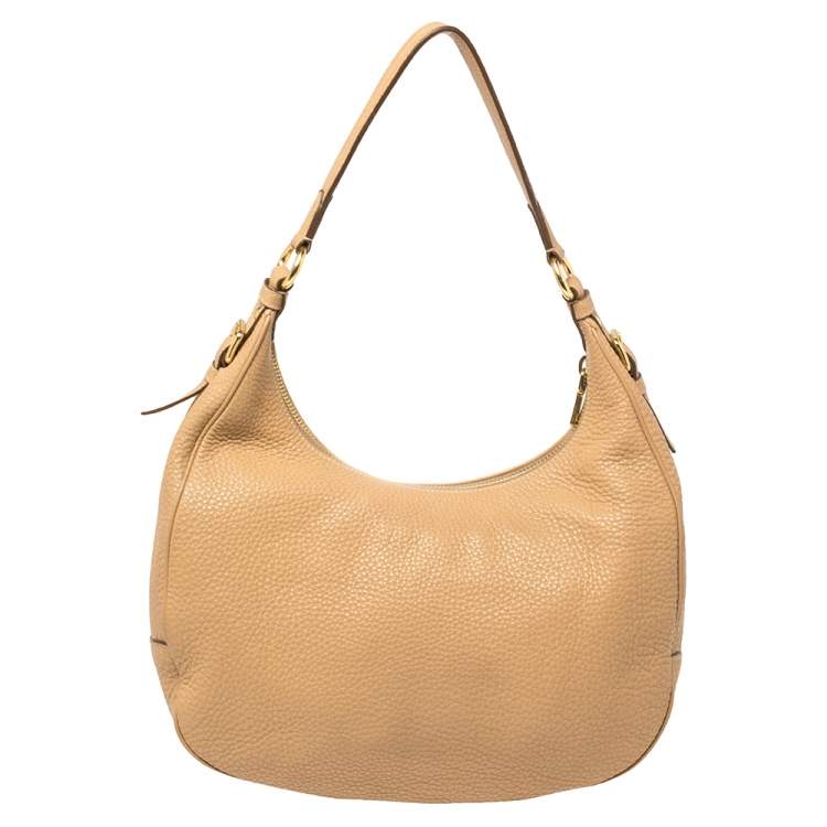 Pre Owned Prada Beige Vitello Daino Leather Zip Top Hobo