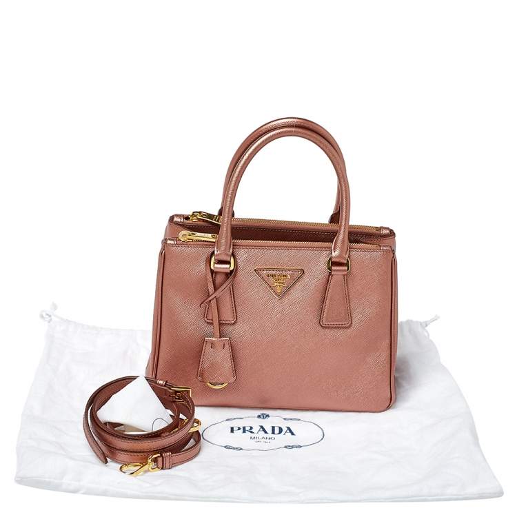 Pre Owned Prada Metallic Pink Saffiano Lux Leather Mini Galleria Tote