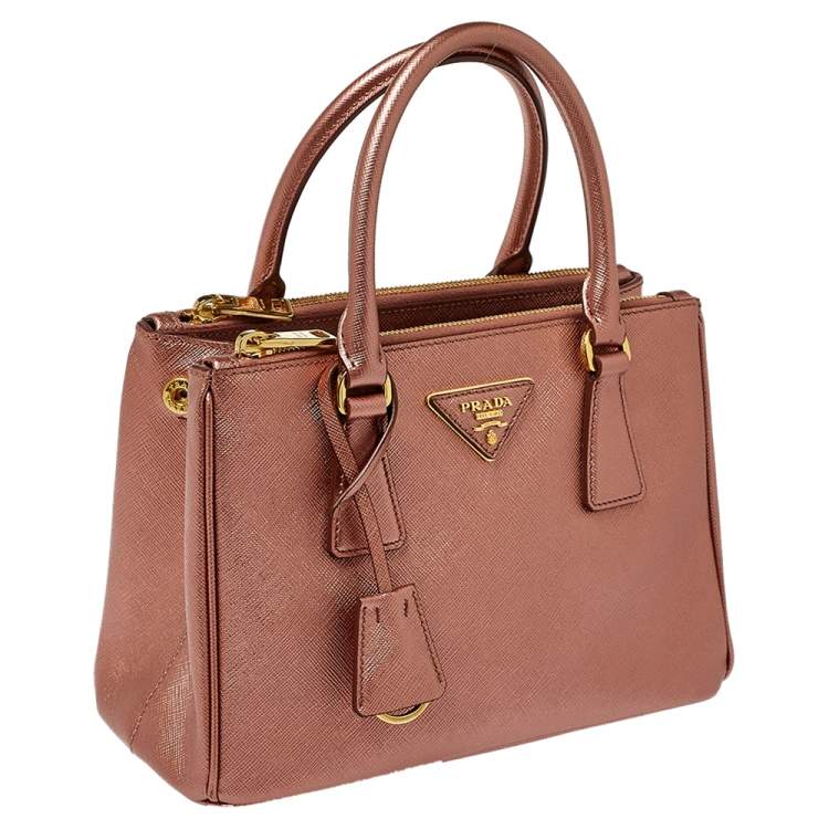 Pre Owned Prada Metallic Pink Saffiano Lux Leather Mini Galleria Tote