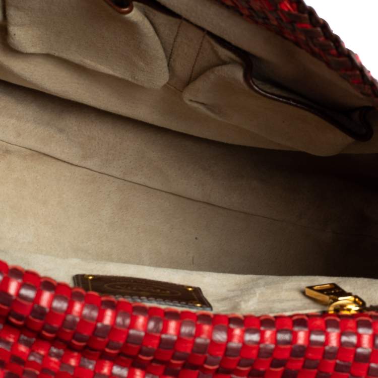 Pre Owned Prada Red/Brown Woven Goatskin Leather Madras Top Handle Bag