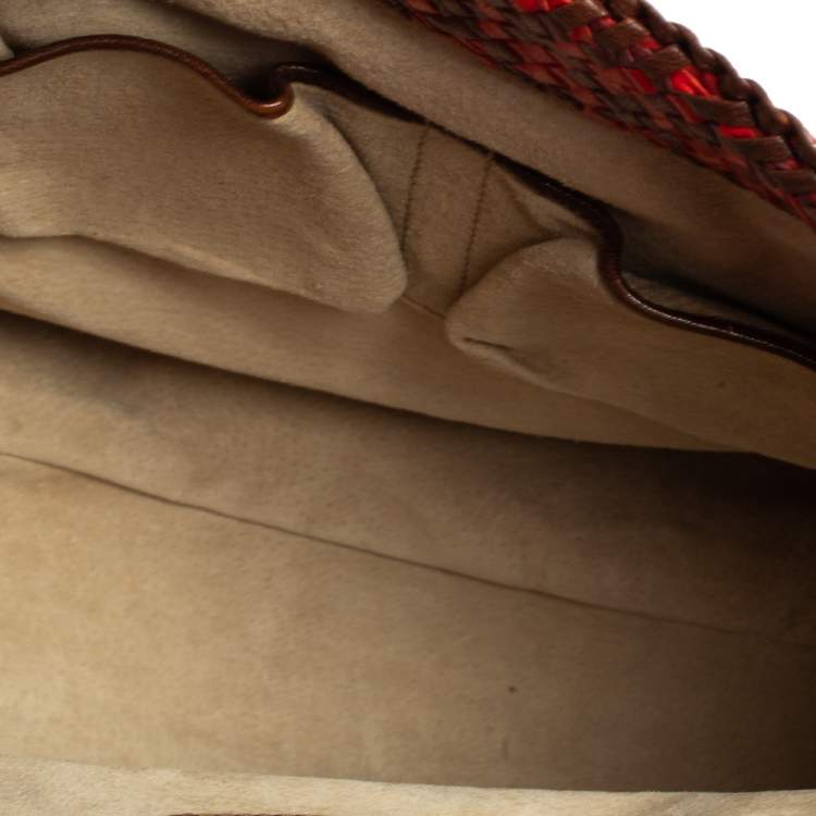 Pre Owned Prada Red/Brown Woven Goatskin Leather Madras Top Handle Bag