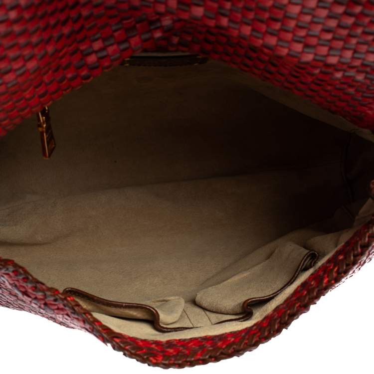 Pre Owned Prada Red/Brown Woven Goatskin Leather Madras Top Handle Bag