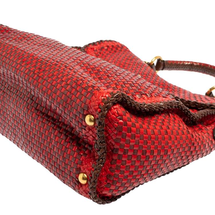 Pre Owned Prada Red/Brown Woven Goatskin Leather Madras Top Handle Bag