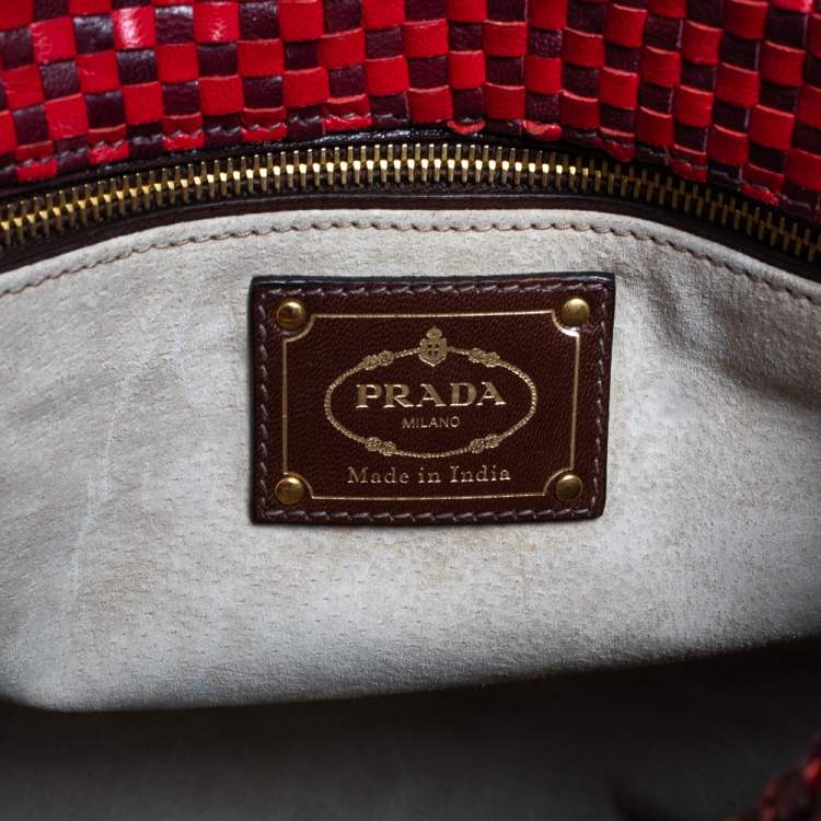 Pre Owned Prada Red/Brown Woven Goatskin Leather Madras Top Handle Bag