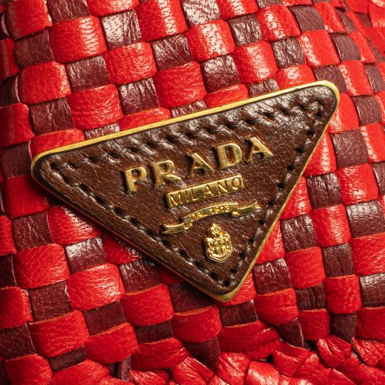Pre Owned Prada Red/Brown Woven Goatskin Leather Madras Top Handle Bag