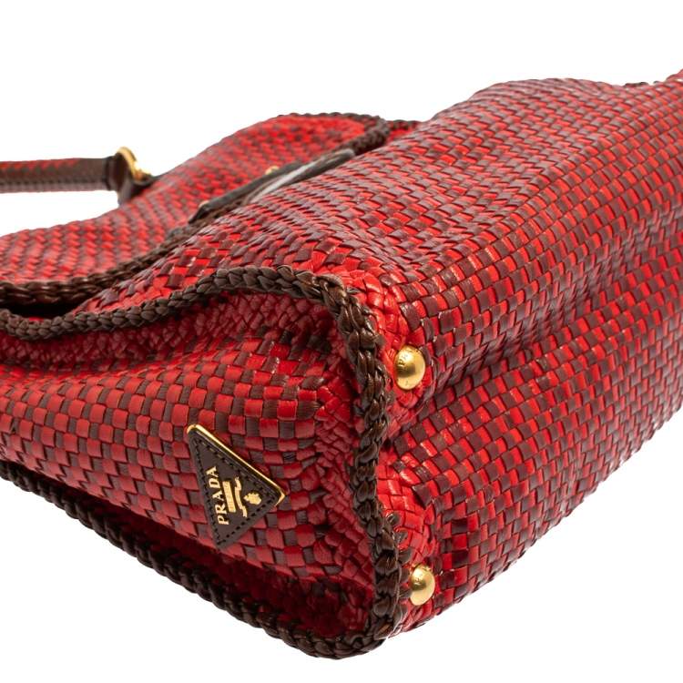 Pre Owned Prada Red/Brown Woven Goatskin Leather Madras Top Handle Bag