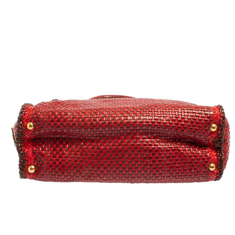 Pre Owned Prada Red/Brown Woven Goatskin Leather Madras Top Handle Bag