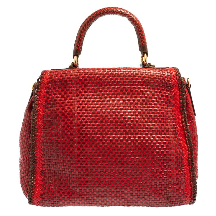 Pre Owned Prada Red/Brown Woven Goatskin Leather Madras Top Handle Bag