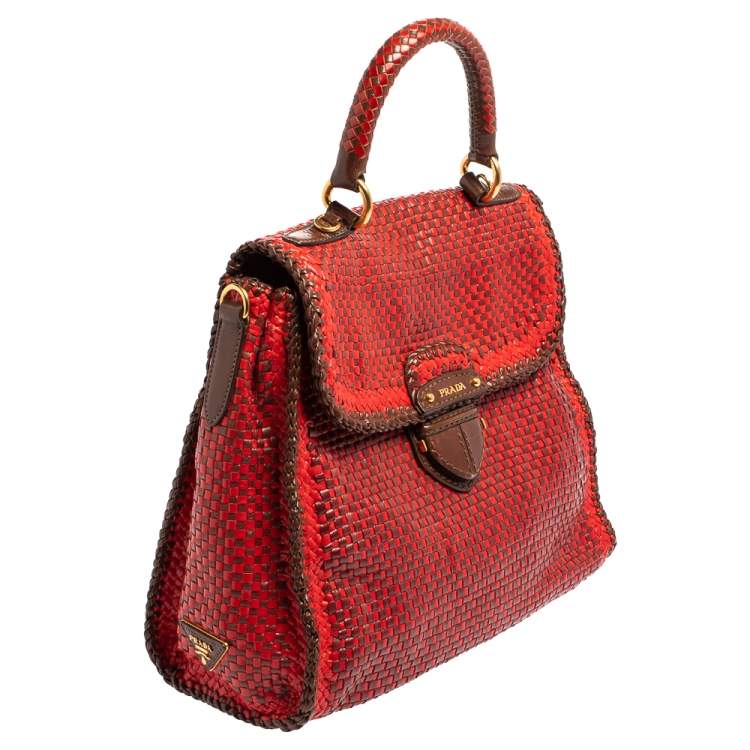 Pre Owned Prada Red/Brown Woven Goatskin Leather Madras Top Handle Bag
