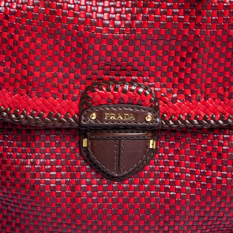 Pre Owned Prada Red/Brown Woven Goatskin Leather Madras Top Handle Bag