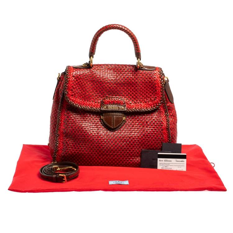 Pre Owned Prada Red/Brown Woven Goatskin Leather Madras Top Handle Bag