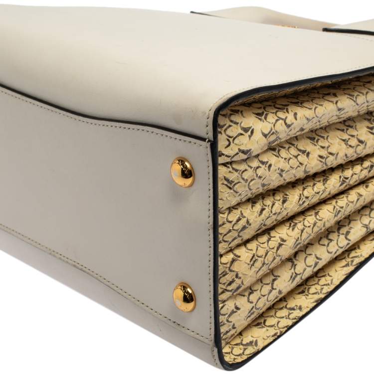 Pre Owned Prada Beige/White Leather and Snakeskin Bibliotheque Tote